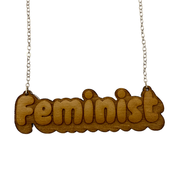 Small Wood Feminist Necklace